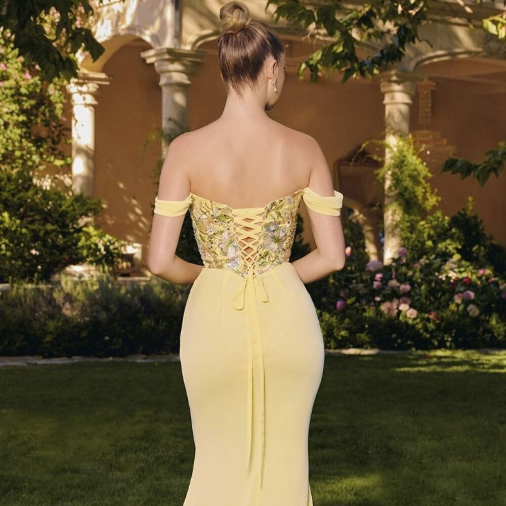 New LT Yellow Off The Shoulder Long Floral Chiffon Gown w/ Lace Up Back CD T721 - Picture 9 of 11